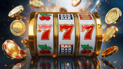 Classic chrome slot machine with neon accents and three reels featuring lucky number seven symbols