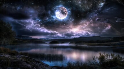 Stunning Night Sky Over Calm Water with Bright Moon and Sparkling Stars in Scenic Landscape