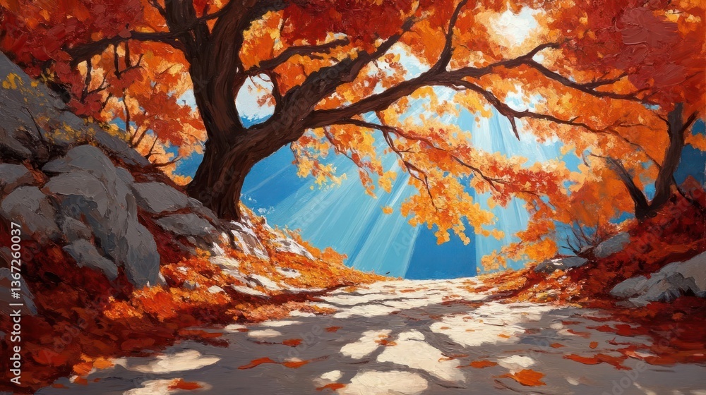 Leinwandbilder path through autumn foliage with sunlight beaming through branches and vibrant orange leaves. a ston