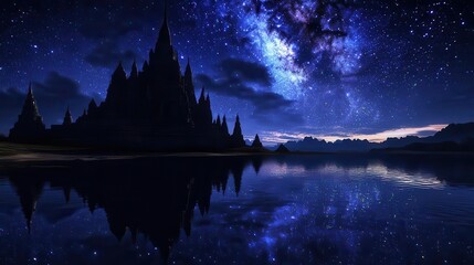 Serene Night Sky with Starry Galaxy Reflected on Calm Water in Front of a Silhouette Castle