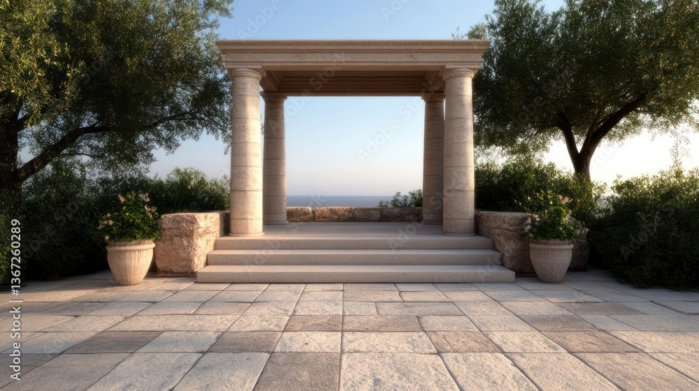 Aufkleber Stone structure with columns and steps overlooking the ocean Trees and flowers frame the opening Sunlight creates a warm atmosphere with soft shadows