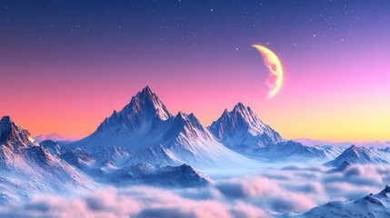 Snowy Majestic Mountains Under a Starry Sky and Crescent Moon at Sunset with Dreamy Clouds