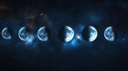 Phases of the Moon Transitioning Through a Celestial Night Sky in Deep Blue Colors