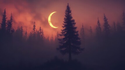 Serene Sunset Over Foggy Forest With Silhouette of Pine Trees and Crescent Moon in the Sky