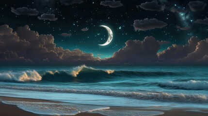 Serene Night Sky with Crescent Moon and Gentle Waves Lapping at the Shoreline