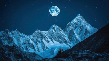 Snowy Mountains Under a Bright Full Moon Night Sky Starlit in a Serene Winter Landscape