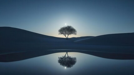 Solitary Tree Under the Moonlight with Reflection in Calm Water Surrounded by Desert Dunes