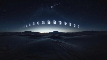 Stunning Night Sky Panorama with Moon Phases and Starry Landscape in an Isolated Desert