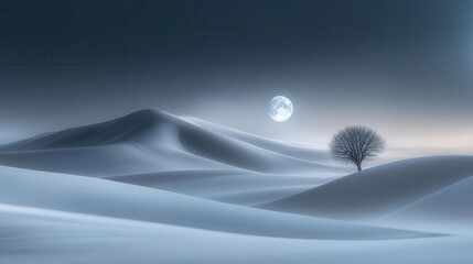 Solitary Tree on Sand Dunes Under Moonlight in a Dreamlike Desert Landscape