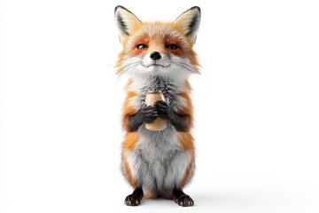 Obraz premium Calm Red Fox Holding a Small Cup Against White Background
