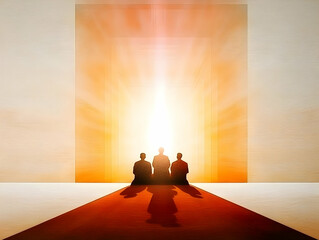 Abstract Illustration Of Silhouetted Figures Before Bright Orange Light Entrance