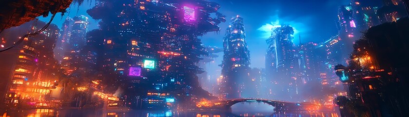 Obraz premium Majestic fantasy landscape merging with futuristic scientific city, glowing with surreal neon lights, vibrant colors