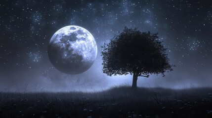 Silhouetted Tree Against Full Moon and Starry Night Sky in Ethereal Landscape