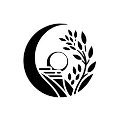 Crescent Moon Rice Field Emblem: Minimalist Black & White Illustration