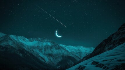 Starry Night Sky Over Snow-Capped Mountains with Crescent Moon and Shooting Stars