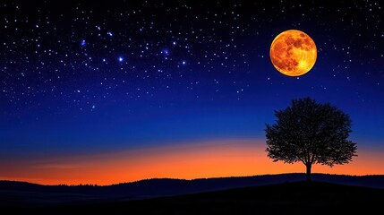 Scenic Night Landscape with Silhouette of Tree and Bright Orange Moon Against Starry Sky