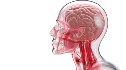 Anatomical illustration of human head with brain and veins