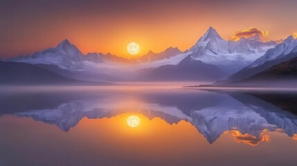 Stunning Reflection of Snow-Capped Mountains at Sunset Over Calm Lake with Vibrant Sky