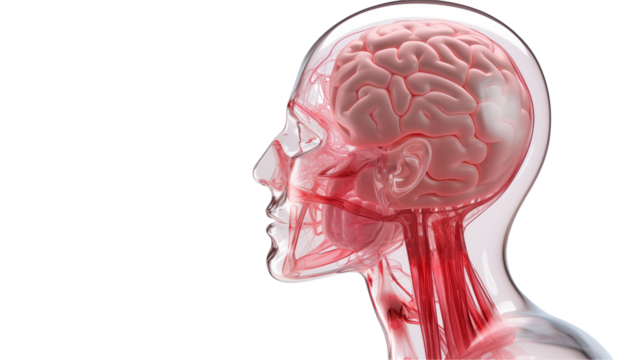 Anatomical illustration of human head with brain and veins