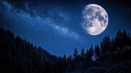Stunning Night Sky With Bright Full Moon Over Forest Silhouettes Under Starry Milky Way
