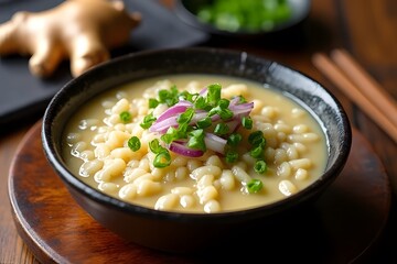 Creamy, comforting ant larvae soup, delicately garnished with sliced red onion and fresh green onions in a dark bowl on a wooden surface.