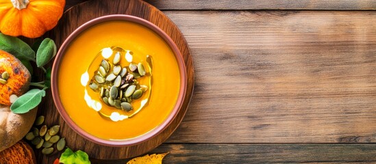Delicious Pumpkin Soup with Roasted Seeds in a Cozy Autumn Atmosphere with Warm Lighting and Inviting Colors