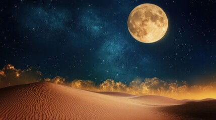 Stunning Bright Full Moon Over Expansive Desert Dunes Under Starry Night Sky