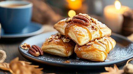 Delicious Stack of Flaky Pastries with Crunchy Nuts and Sweet Golden Glaze