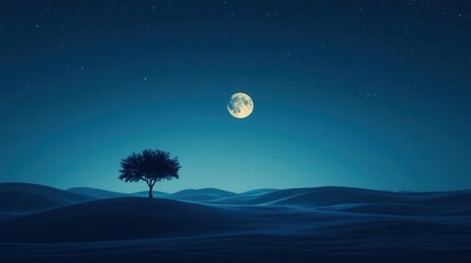 Solitary Tree Under a Bright Moon in a Dark Starry Night Landscape