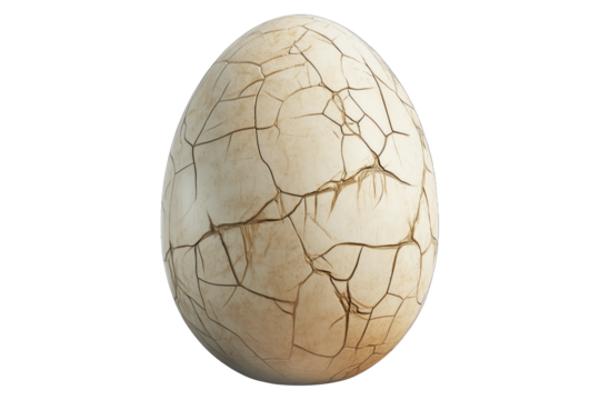 Large cracked dinosaur chicken egg with textured surface and detailed fractures, isolated on white transparent background. Concept of prehistoric life and hatching