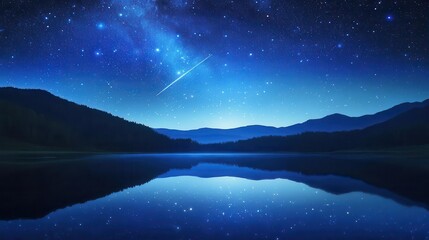 Starry Night Sky Over Calm Lake with Reflection of Mountains and twinkling Stars
