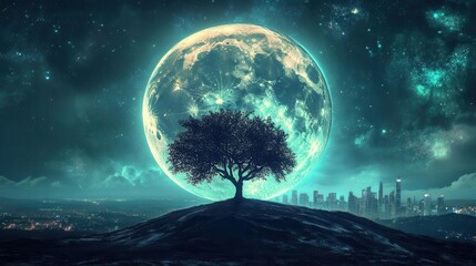Silhouette of a Tree Against a Vibrant Full Moon and Starry Night Sky Over a Cityscape