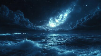 Starlit Ocean Scene at Night with Glowing Moon and Gentle Waves Under a Dark Sky