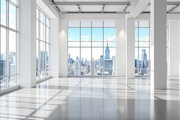 Fototapeta premium Empty modern architectural interior with large glass windows and city skyline in the background, bright minimalist space concept. Ai generative