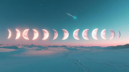 Stunning Sequence of Lunar Phases Against a Gradient Sky with a Comet in the Twilight Landscape
