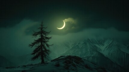 Solitary Tree on Snowy Hill Under a Crescent Moon in a Dark Mountain Landscape at Night