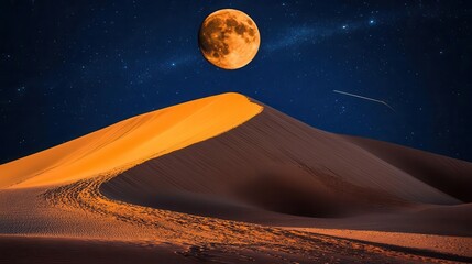 Stunning Desert Landscape at Night with Bright Orange Dune Under a Full Moon
