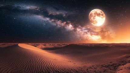 Stunning Desert Landscape Under Starry Night Sky with Full Moon and Milky Way in Background