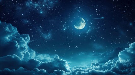 Starry Night Sky with Full Moon and Soft Clouds Under a Mystical Celestial Atmosphere
