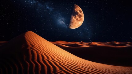 Stunning Desert Landscape Under A Bright Moon And Starry Sky At Night