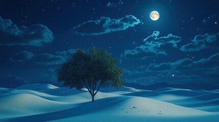 Serene Desert Landscape Under Moonlight with Solitary Tree and Starry Night Sky