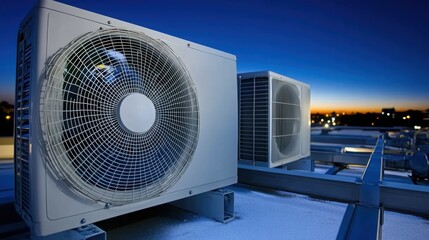 Rooftop industrial air conditioning units and ventilation pipes installed on a commercial building during daylight hours
