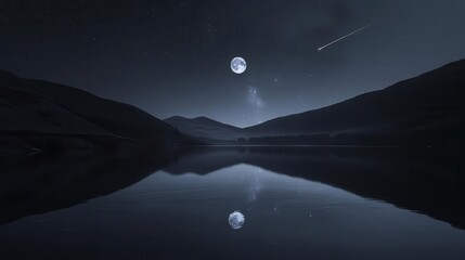 Starry Night Landscape with Moon Reflection Over Calm Water and Silhouetted Mountains