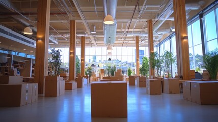 Moving day at a startup loft-style office with employees organizing cardboard boxes in an open workspace