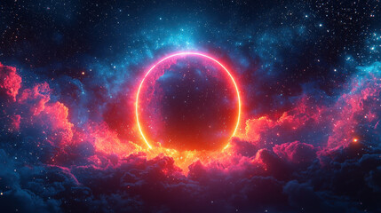 vibrant cosmic scene featuring glowing circular shape surrounded by colorful clouds and starry background, evoking sense of wonder and beauty in universe
