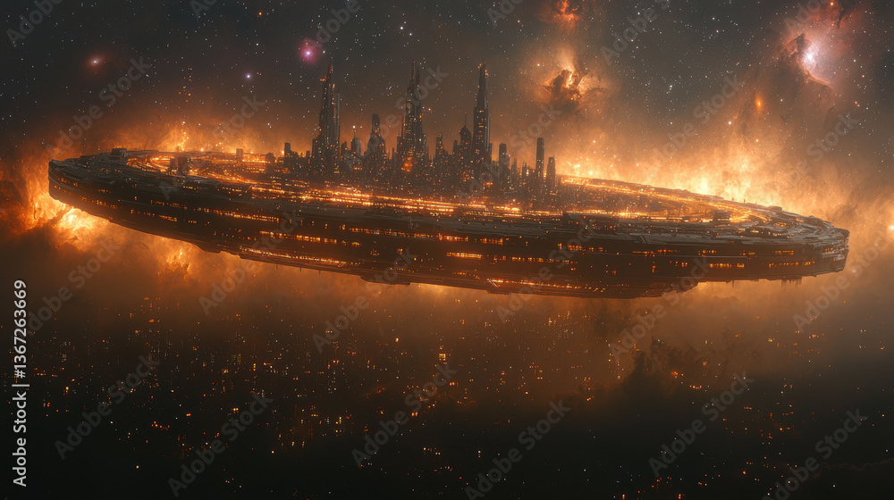 Poster futuristic cityscape floats space, surrounded by vibrant cosmic colors and fiery elements, creating 