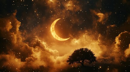 Serene Night Sky with Crescent Moon and Silhouette of Tree Against Golden Clouds