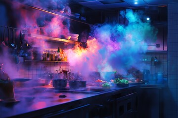 Surreal kitchen scene with vibrant, colorful smoke billowing from pots and pans.  Mysterious and dramatic lighting creates a fantasy atmosphere.