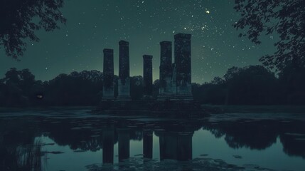 Serene Night Landscape Featuring Tall Monolithic Structures Reflected in Still Water Under Starry Sky