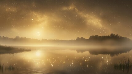 Starry Night Sky Over A Tranquil Lake Reflecting The Glow Of The Moon In A Misty Landscape
